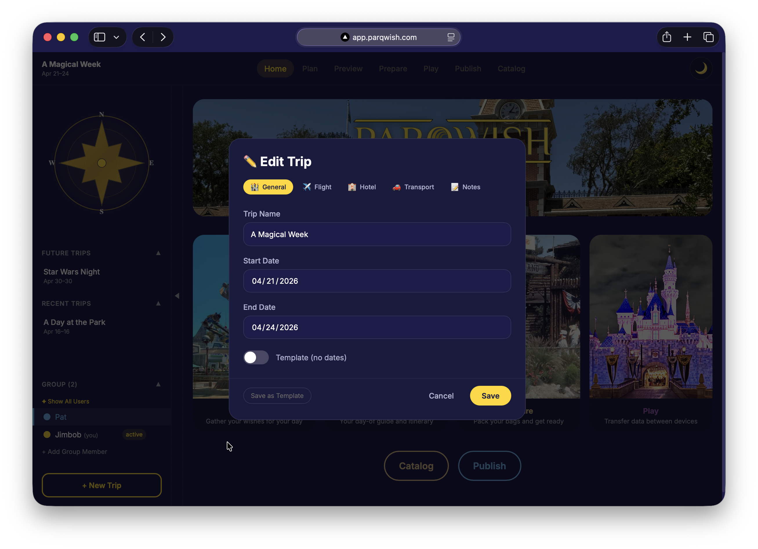ParQ Wish trip creation screen