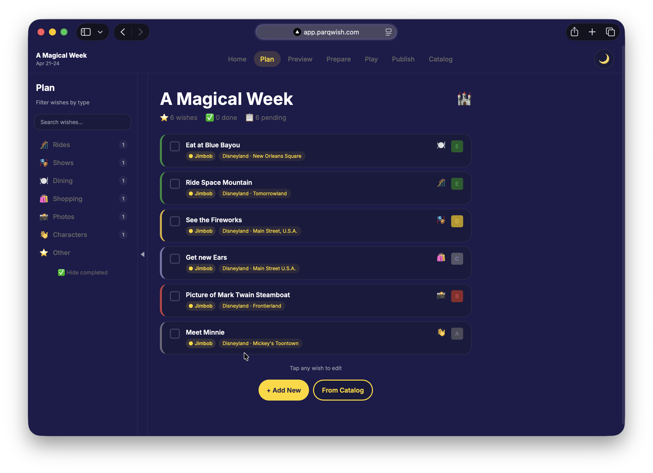 ParQ Wish Plan page with wish cards