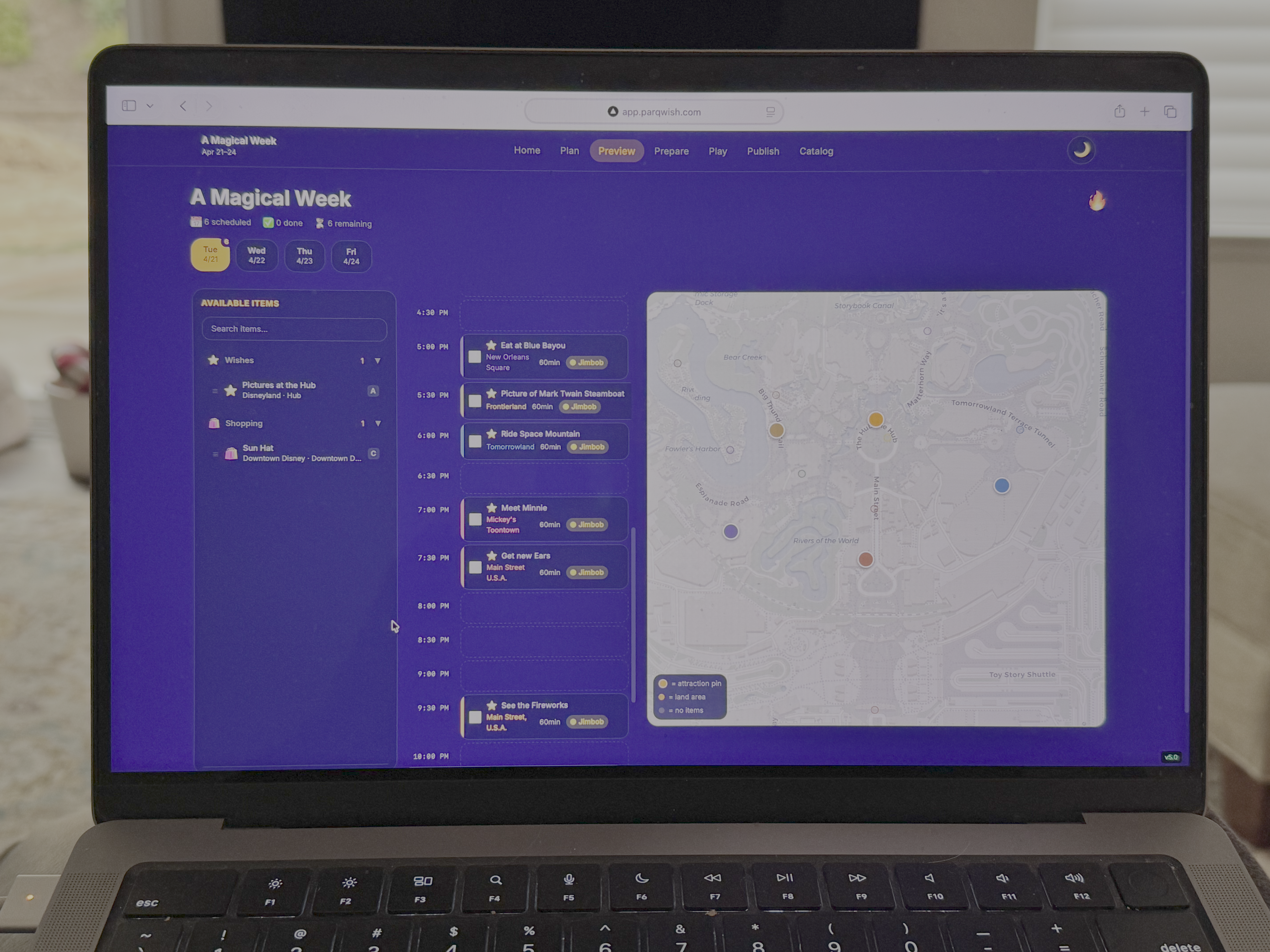 ParQ Wish Planner on a laptop