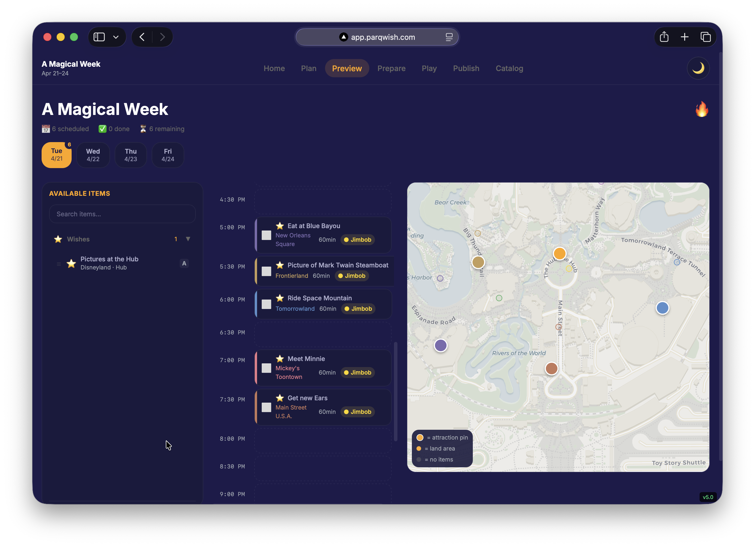 ParQ Wish Preview: schedule timeline and interactive park map