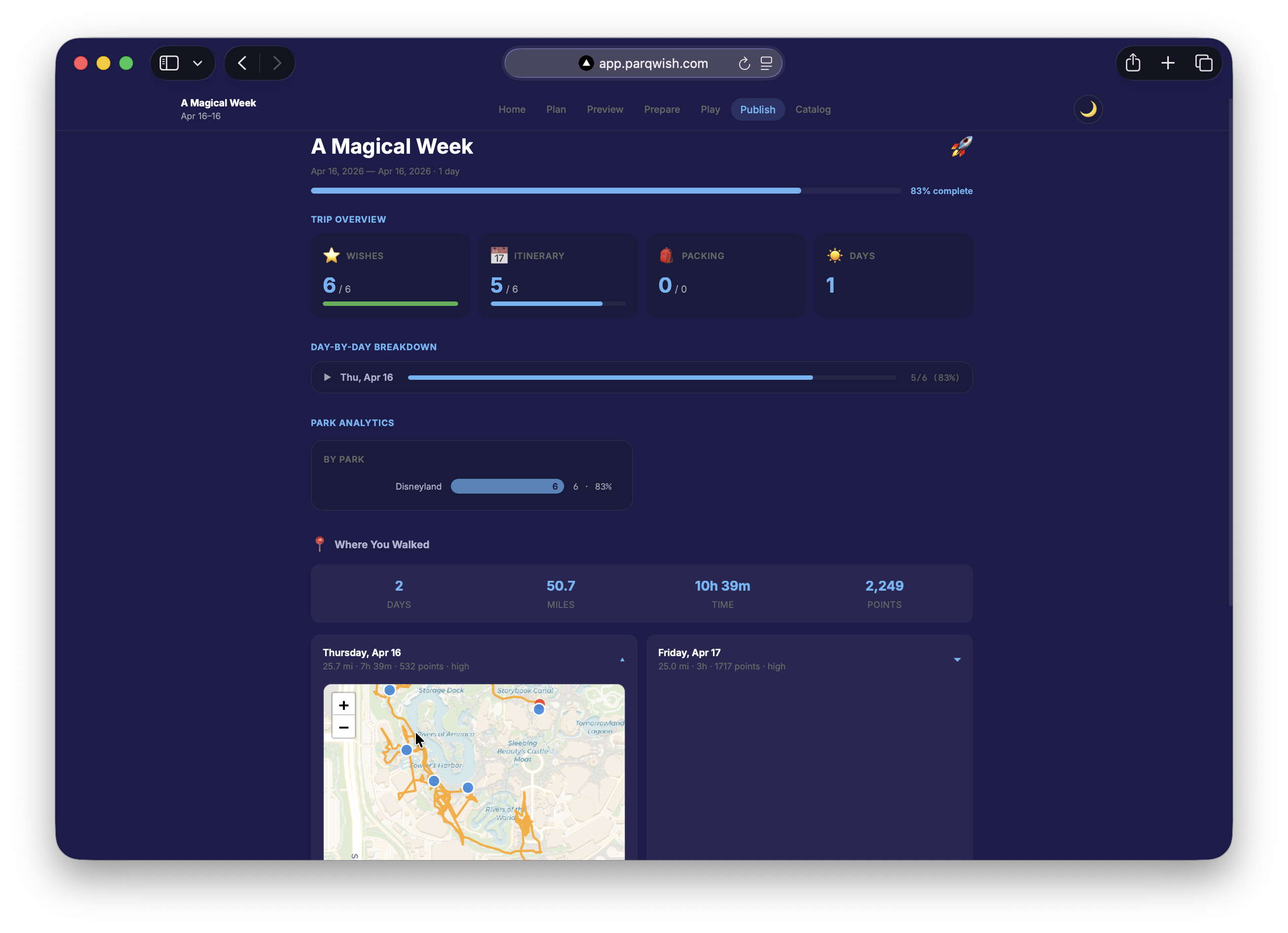 ParQ Wish Publish: shareable trip page with stats, photos, and GPS trail